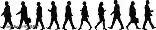 Silhouette business people walking, office workers with briefcase, men and women professional team, corporate employees commuting, teamwork concept, career growth illustration