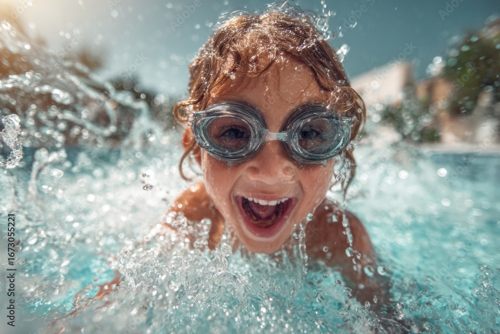 Naklejka premium Happy child swimming in pool with goggles and splashing water joyfully