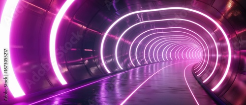 Neon-lit tunnel: a futuristic corridor with symmetrical arches and reflective surfaces