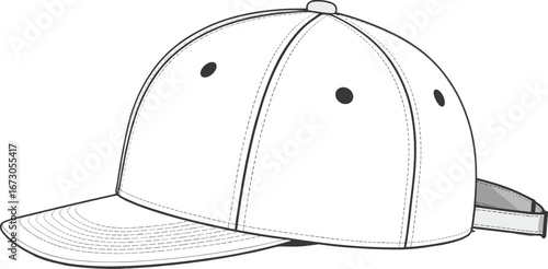 White baseball cap with black outline and stitching details on white background headwear accessory