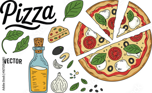 A pizza with slices removed and ingredients scattered around it