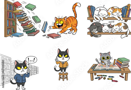 Cute cartoon cats in library scene, knocking over books, drawing with crayons, sleeping on shelves, playful and educational feline illustrations