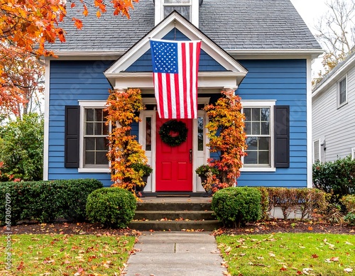 Autumnal home with American flag