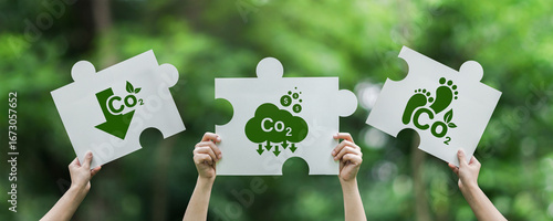 CO2 Carbon Emission Reduction, Carbon Neutral Concept, Low Carbon, Carbon Footprint, Net Zero Greenhouse Gas Emissions Target, Sustainable Development, Green Business, Holding CO2 Symbol jigsaw  Paper