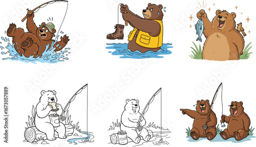 Funny cartoon bears fishing, catching fish, joking, eating snacks, wilderness adventure, cute animal humor, outdoor activity illustration, fishing fail moments