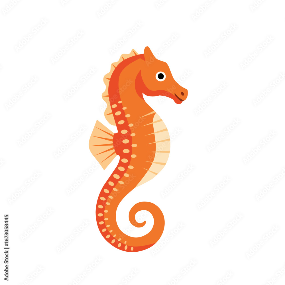 Obraz premium Bright orange cartoon seahorse illustration with details and curled tail, cute marine animal design suitable for children’s books, education, and ocean themes