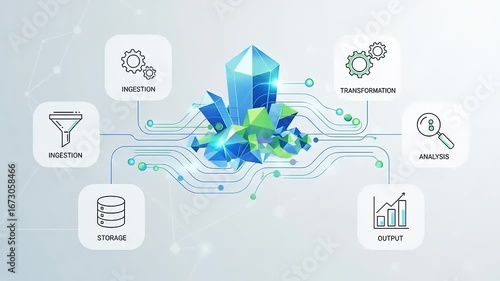 Abstract digital illustration depicting data processing stages including ingestion, storage, transformation, analysis, and output with geometric shapes