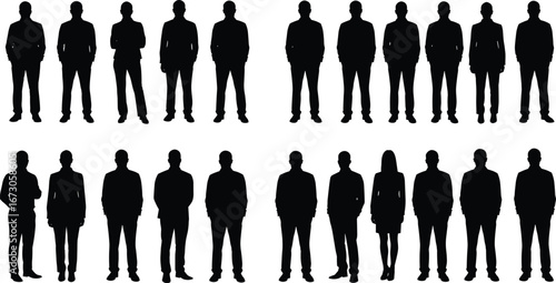 Business people silhouette set, corporate professionals standing, office workers in suit, men and women group, formal attire staff collection design