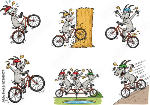 Funny cartoon goats riding bicycles, doing stunts, crashing into hay, extreme sports humor, animal cycling adventure, comical goat bike illustration