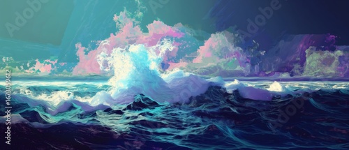 Dreamy ocean waves crashing under a pastel sky, abstract seascape art