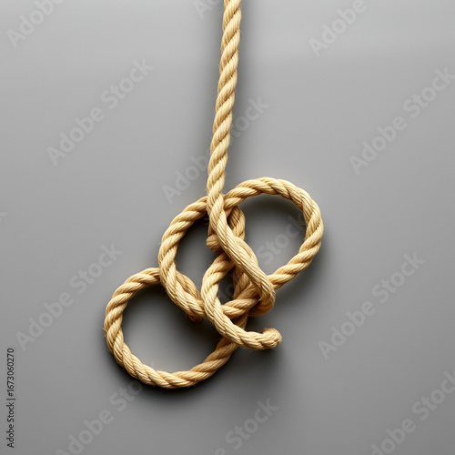 Rope noose with knot on grey table, top view. Space for text