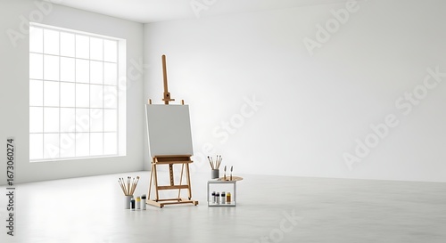 A bright, minimalist art studio setup featuring a wooden easel with a blank canvas, surrounded by various painting supplies like brushes and paints. 