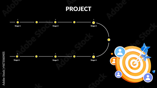 Project timeline with team target and arrow on black background illustration