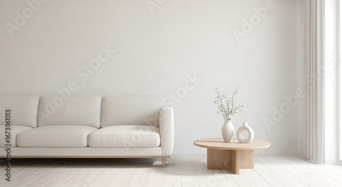 Serene minimalist living room design with a light beige sofa, a modern round wooden coffee table, white vases, and bright wooden floors, offering a clean aesthetic.