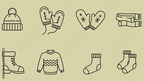 Set of line vector icons of winter clothing, wool hat, mittens, scarf, boots, sweater, outlined, clean minimal styl.