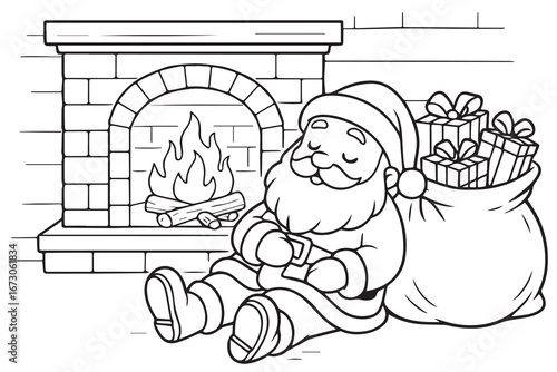 Vector cartoon illustration of Santa Claus sleeping peacefully in front of a fireplace inside a house, designed in black and white with outline.
