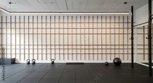 Modern minimalist gym interior with black rubber flooring, a distinctive white wall with wooden grid pattern, linear lighting, and various fitness equipment. Ideal for a contemporary workout space.