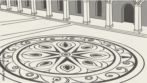 Illustration of courtyard with circular floor design and architectural columns drawing art design vector