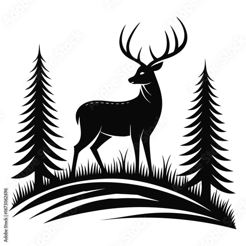 Silhouette of a majestic stag standing in a forest clearing with pine trees and grass deer