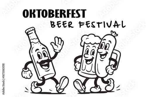 Vector elegant illustration themed Oktoberfest beer festival, featuring decorative classy elements, drawn in simple monochrome style with heavy clean black outline.