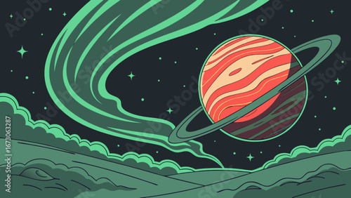 Explore the cosmos and outer space with this planet illustration and aurora borealis space art scene design
