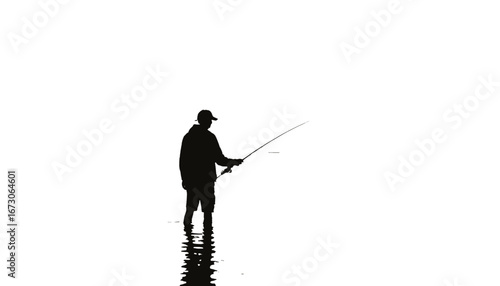 Fisherman casting a line, enjoying peaceful solitude in the water, silhouette against the bright sky, perfect for outdoor lifestyle and travel concepts.