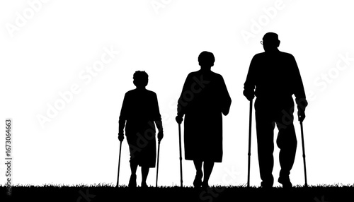 Three Silhouetted Seniors Walking Together on a Grassy Field, symbolizing companionship, support, and active retirement lifestyles, ideal for healthcare concepts.