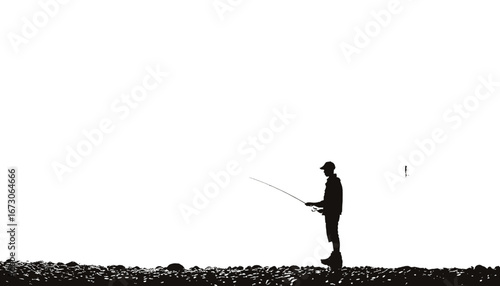 Fisherman silhouette casting line on peaceful waters, enjoying quiet solitude for relaxation and sport, a perfect outdoor activity in nature, minimalist design