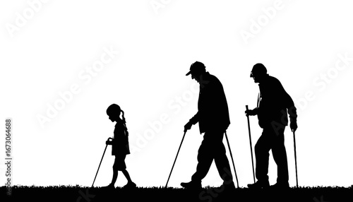 Generational family walk together, granddaughter leading grandparents with walking sticks, enjoying quality time, silhouette against white background, concept of care and love
