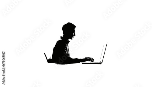 Silhouette of a person deeply engaged with laptop, ideal for concepts of remote work, technology, online communication, business, and digital innovation.