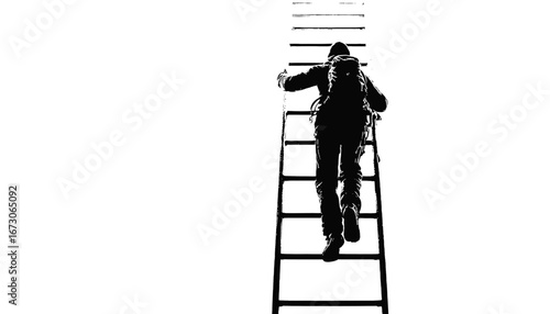 Silhouette of determined person climbing ladder, reaching for success, overcoming obstacles, achieving goals, adventure concept