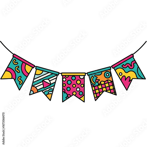 A colorful string of five decorative pennant flags, each featuring unique geometric patterns and vibrant retro-inspired designs, strung together on a thin cord.