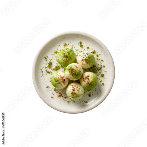 Overhead Shot of Matcha White Chocolate Truffles on a Speckled Plate