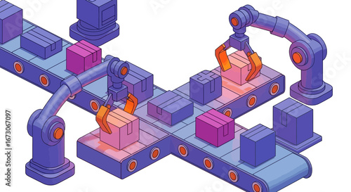 Isometric illustration of an automated factory production line with robotic arms moving packages on conveyor belts.