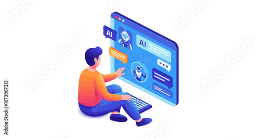 A person sitting on the floor interacts with an artificial intelligence chatbot on a large computer interface.
