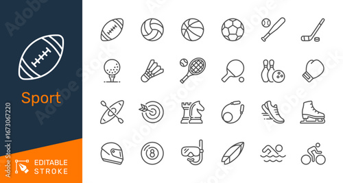 Sport thin line icon collection for games, activities, exercise and competition concept. Editable stroke. Pixel perfect.