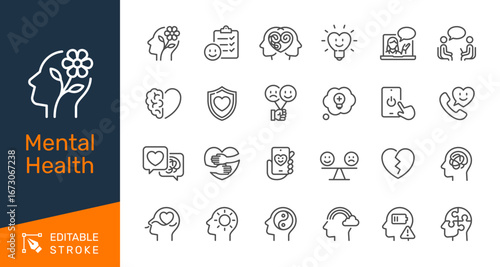 Mental health thin line icon collection for psychology, wellbeing, emotional support and therapy concept. Editable stroke. Pixel perfect.