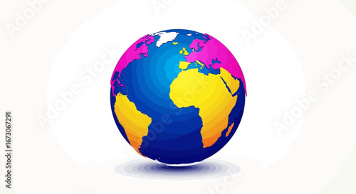 A colorful, stylized animated globe of planet Earth spinning against a plain white background.