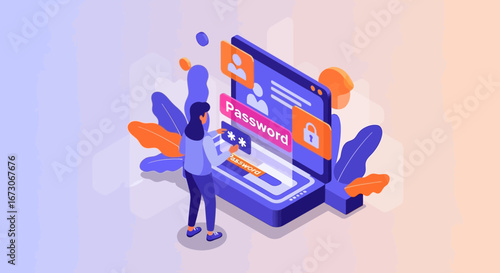 Isometric illustration of a woman entering a password on a large digital login screen for secure account access and authentication.