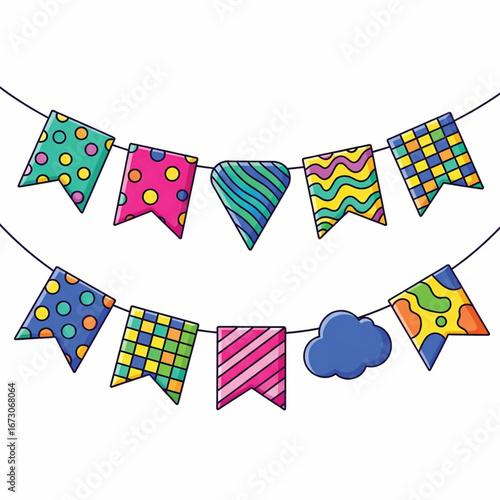 A festive string of colorful pennant flags, each adorned with unique, vibrant patterns and designs, strung across a white background.