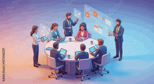 A team of business professionals collaborating in a futuristic meeting room using holographic displays and advanced technology for data analysis.