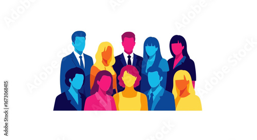 A vibrant and modern illustration depicting a diverse group of business professionals standing together as a team.