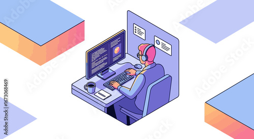 Isometric illustration of a programmer or developer coding at a computer desk in a modern workspace.