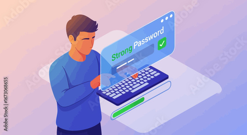 Isometric illustration of a man creating a strong password on a computer for online security and data protection.