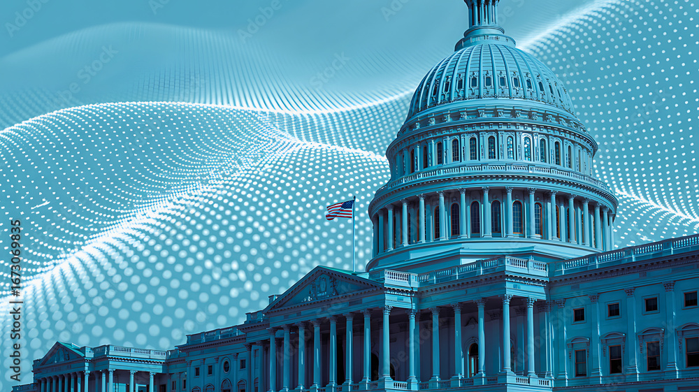 Fototapeta premium Concept of digital governance, cybersecurity, and modern politics with the US Capitol Building and abstract data flow