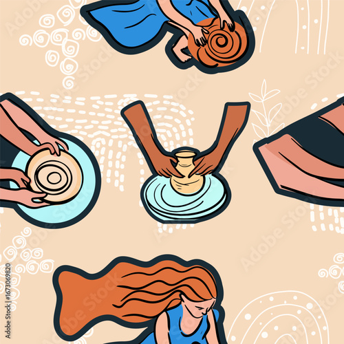 Pottery seamless pattern. DIY, hobby, handcraft workshop. hand drawn style vector surface for textile, paper, web page background.
