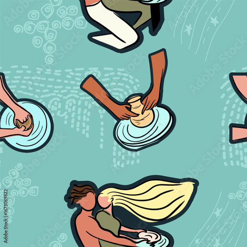 Pottery seamless pattern. Modern vases, people characters, plates, ceramic clay. Handmade, DIY, hobby, handcraft workshop. hand drawn style vector surface for textile, paper, web page background.