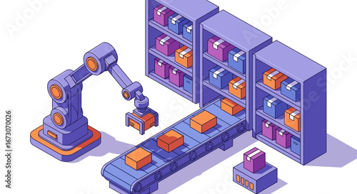 Isometric illustration of a robotic arm working in an automated warehouse, moving boxes from a conveyor belt to shelves.