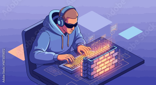 Illustration of a cybersecurity expert in a hoodie building a glowing digital firewall while coding on a futuristic computer.