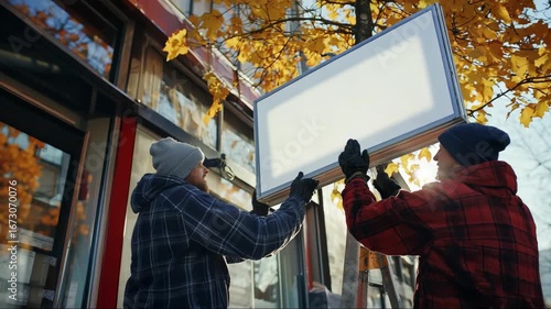 Workers installing a blank sign frame on a storefront in autumn while surrounded by colorful foliage and warm sunlight